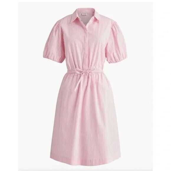 NWT J.CREW Women's Collared Puff‎ Sleeve tie-waist shirt dress Pink White Size 0 - Picture 3 of 5